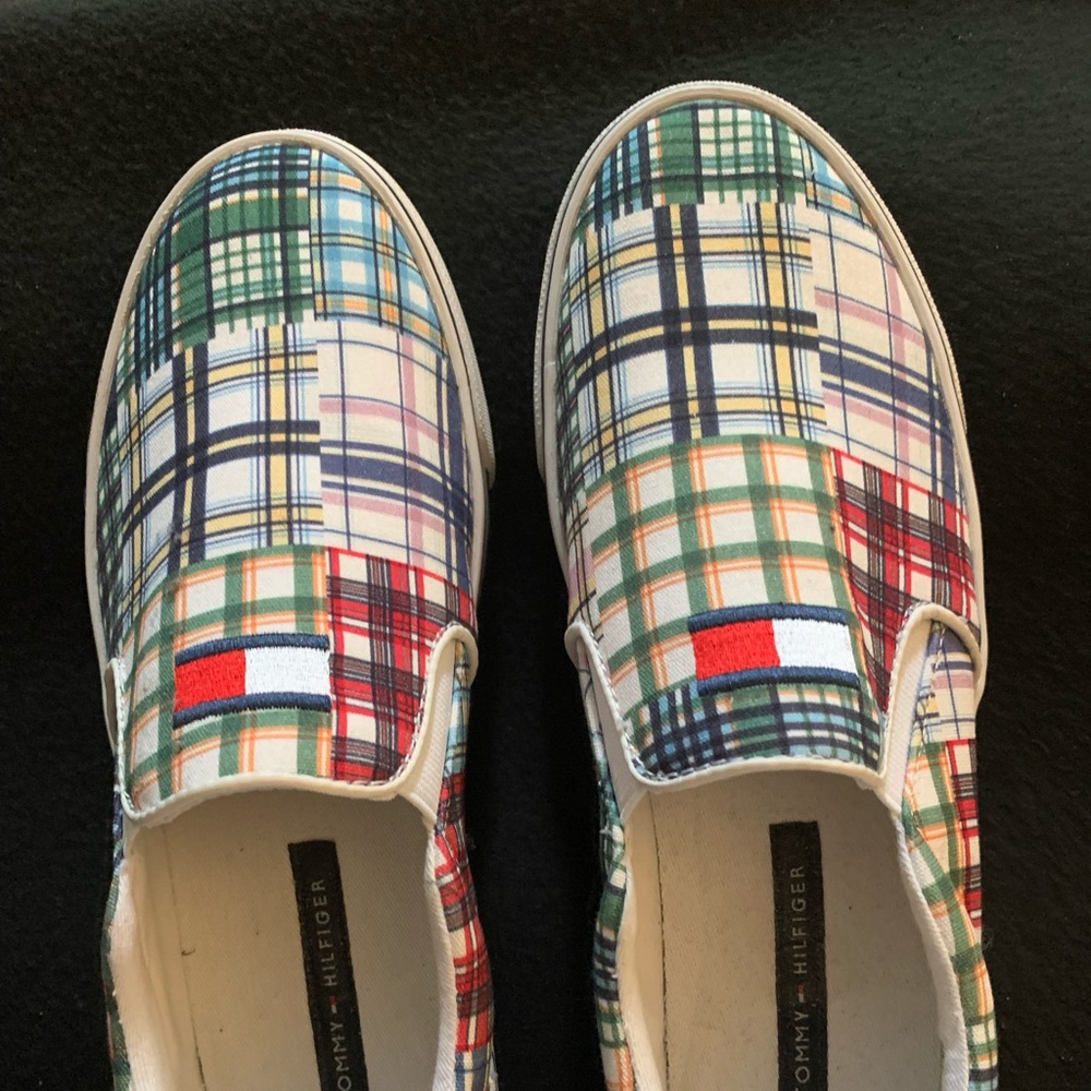 Tommy Hilfiger slip-on sneakers, madras patchwork design, 7 1/2 medium.